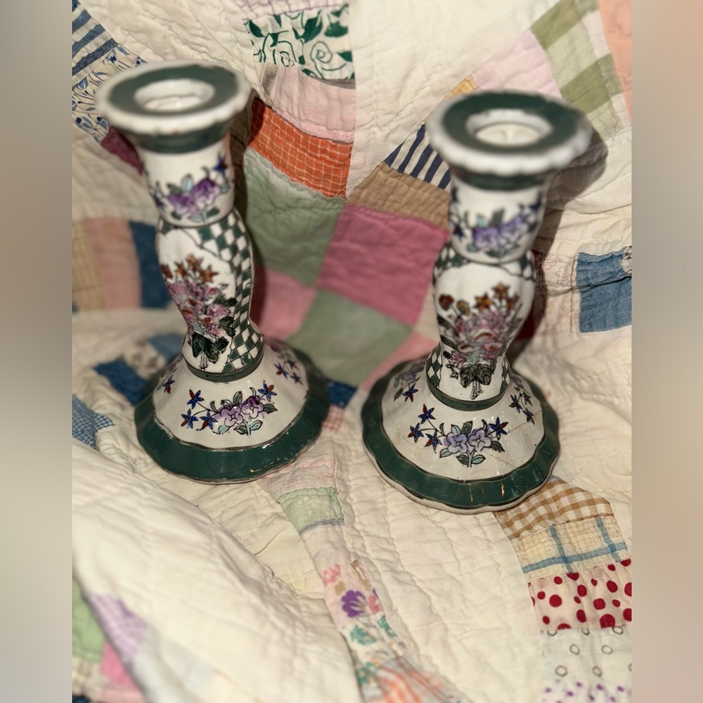 Vintage Floral Ceramic Candle Holders - Green and White